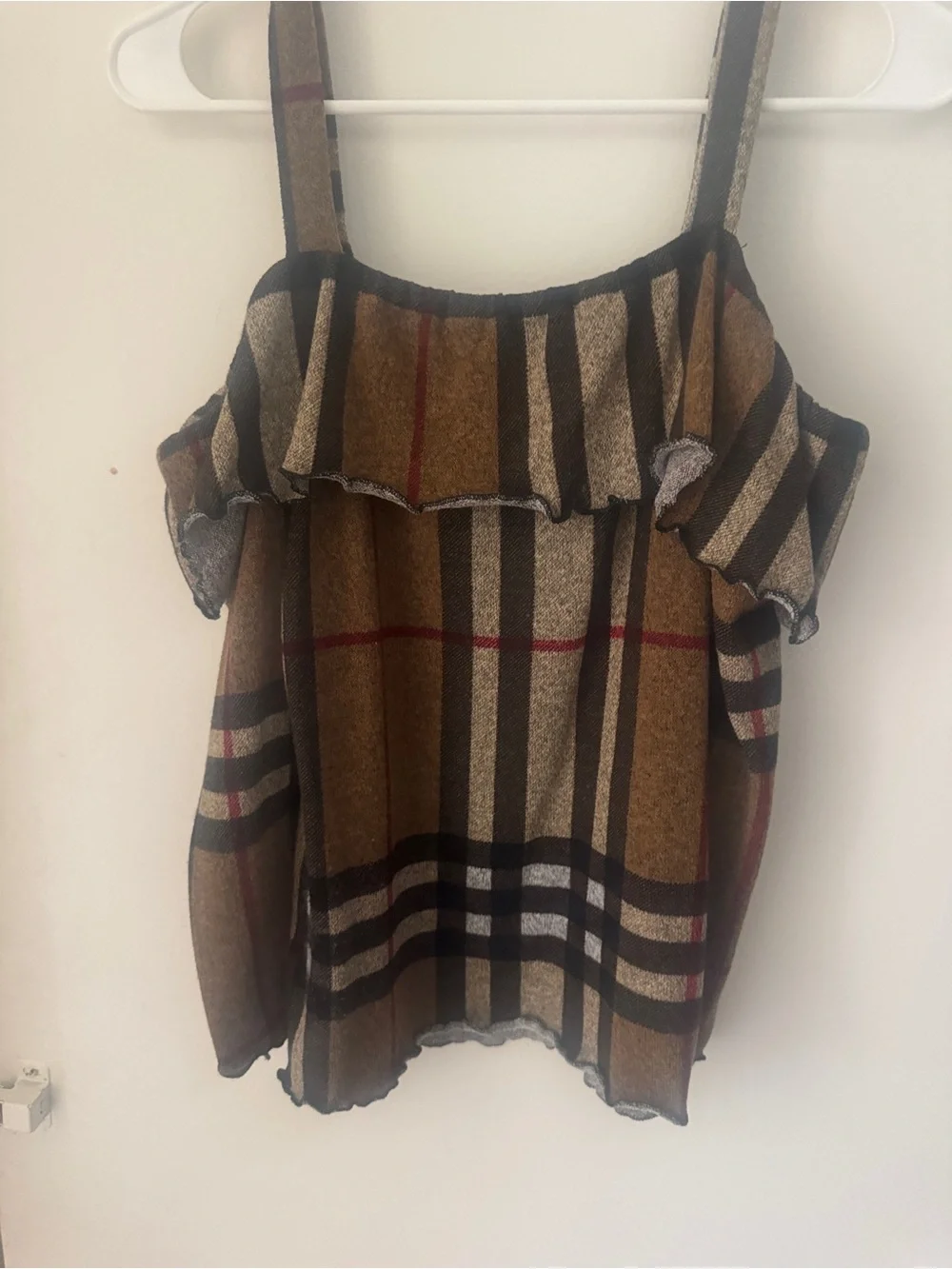 Papaya Brown Plaid Ruffle Cold-Shoulder Top